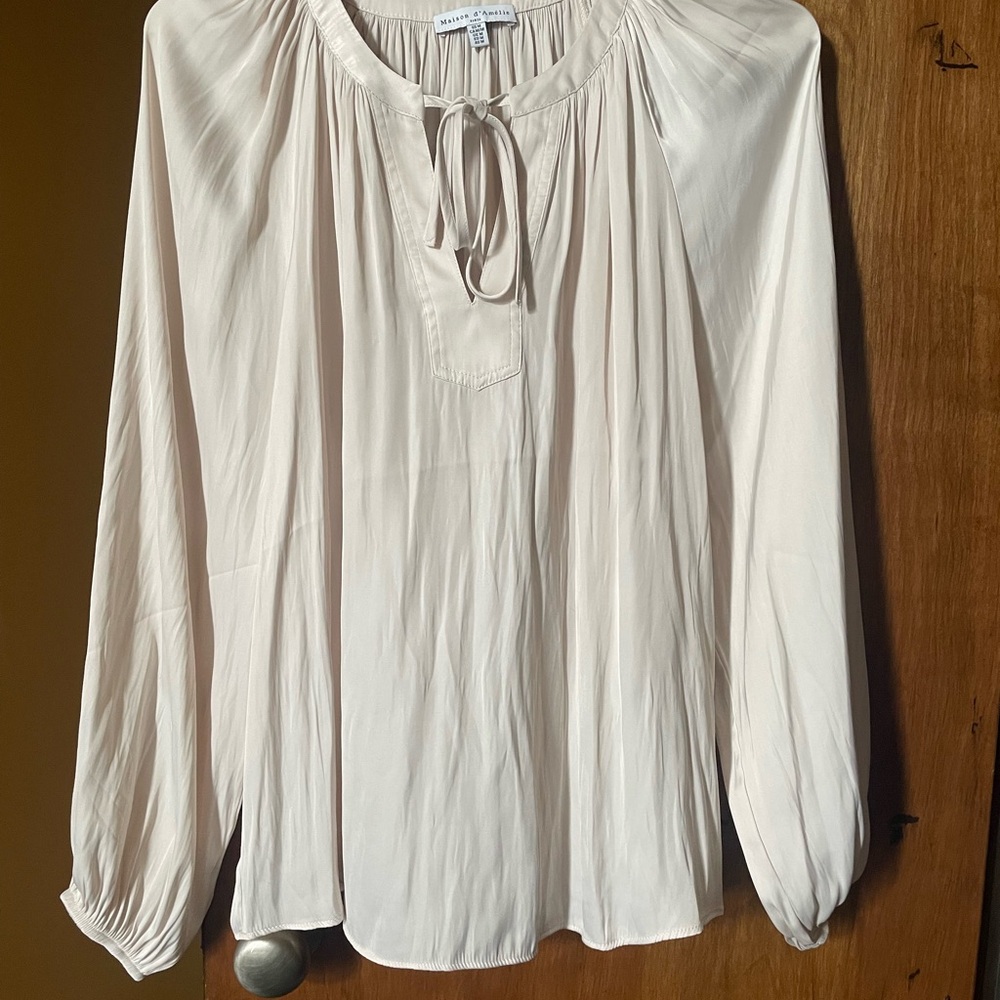 Cream Relaxed Tie Front Long Sleeve Blouse